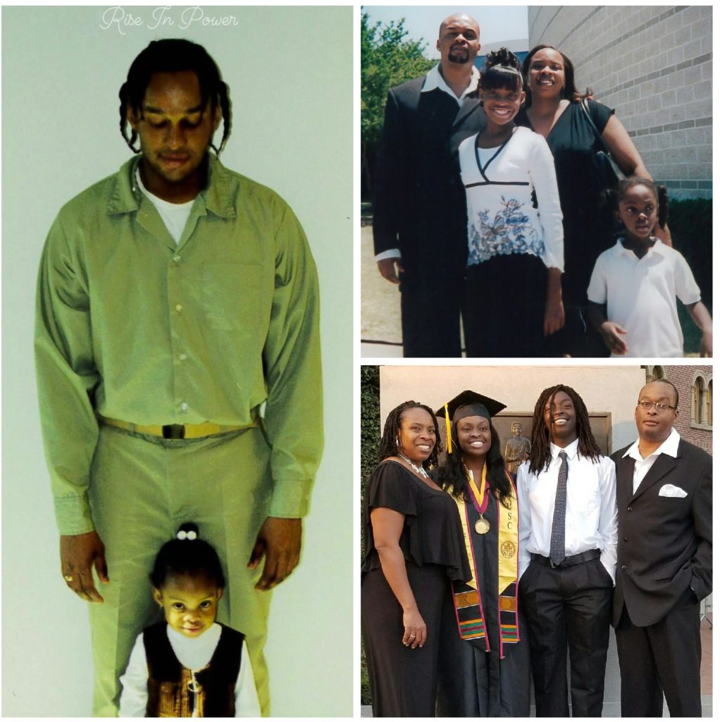 Pictured is a collage featuring NeNe's dad. The first image shows NeNe as a toddler standing in front of her dad as he looks like down at her. He is grinning. The second image includes NeNe, her brother, mom and dad. They are dressed up outside of her school. NeNe and her brother are young children. In the final image, the family is at NeNe's undergraduate graduation at the University of Southern California. She is dressed in a cap and gown. The family is in black and white formal attire. NeNe's dad has now passed on. These images highlight a few special moments with NeNe and her dad while he was still alive.