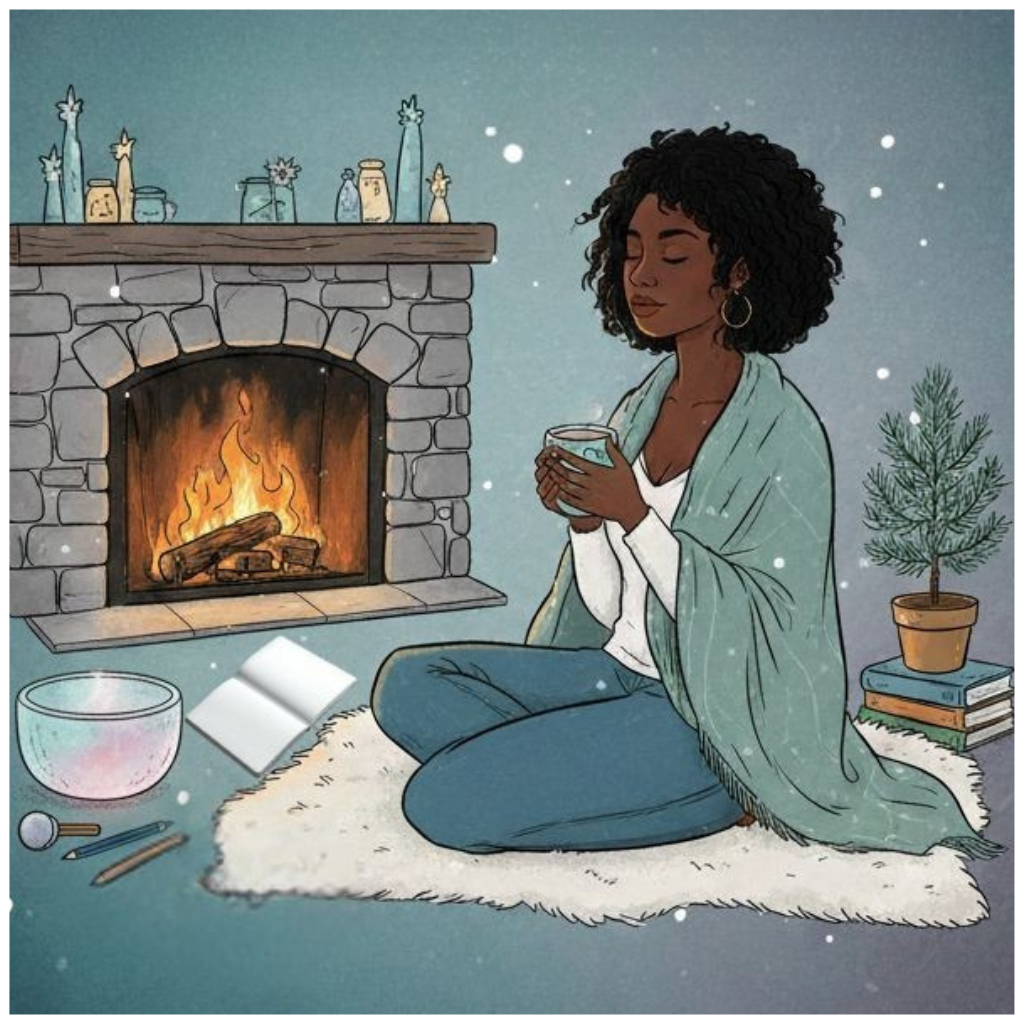 A cozy winter illustration of a Black woman resting on a white rug beside a warm fireplace, wrapped in a soft blanket and holding a cup of tea. Snow falls gently outside as spiritual tools like a sound bowl, journal, and candles rest nearby, reflecting intentional rest, reflection, and honoring winter as a season of stillness.