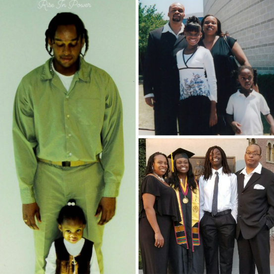 There is a collage of photos. On the left there is an image of NeNe and her father when she was about 3 years old. She stands in front of him smiling as he looks down at her with a grin. On the top right is a family photo with NeNe, her father, mom and brother outside of her 5th grade award assembly. The final image, on the bottom right, features the same family members dressed in formal attire at NeNe's undergraduate graduation from USC.