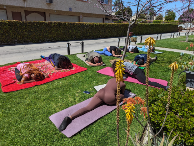 A moment of collective rest during a Magick and Mimosas wellness event, where participants are folded in a yoga pose, grounded, supported by the earth.