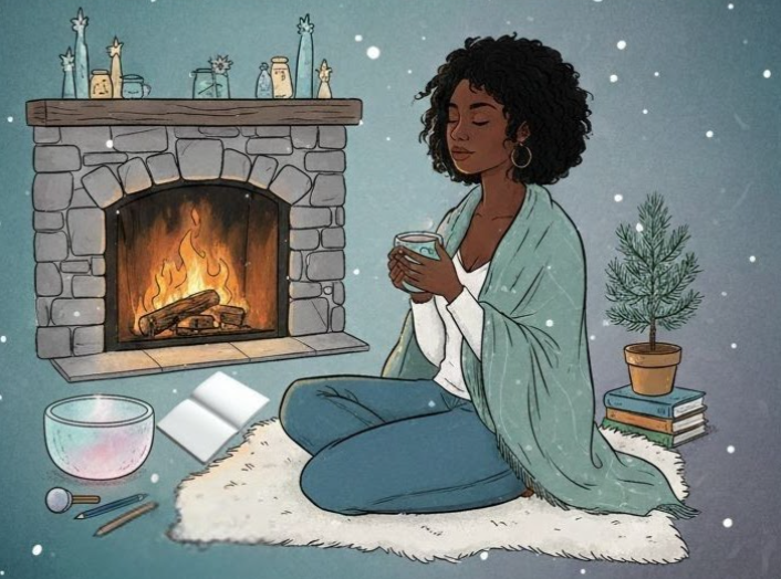 A cozy winter illustration of a Black woman resting on a white rug beside a warm fireplace, wrapped in a soft blanket and holding a cup of tea. Snow falls gently outside as spiritual tools like a sound bowl, journal, and candles rest nearby, reflecting intentional rest, reflection, and honoring winter as a season of stillness.